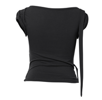 Asymmetrical Draped Strap Roll-Up T-Shirt (Black)