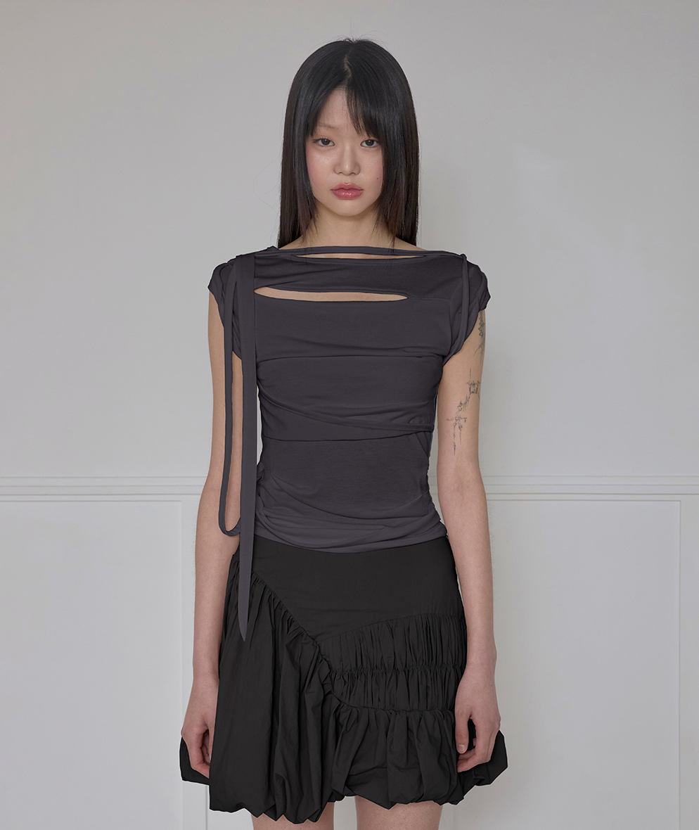 Asymmetrical Draped Strap Roll-Up T-Shirt (Charcoal)