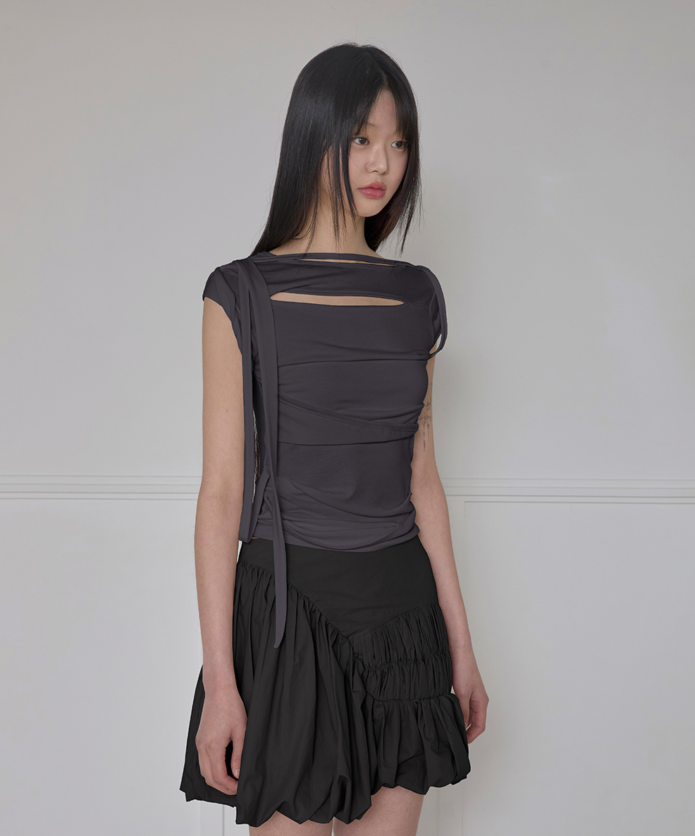 Asymmetrical Draped Strap Roll-Up T-Shirt (Charcoal)