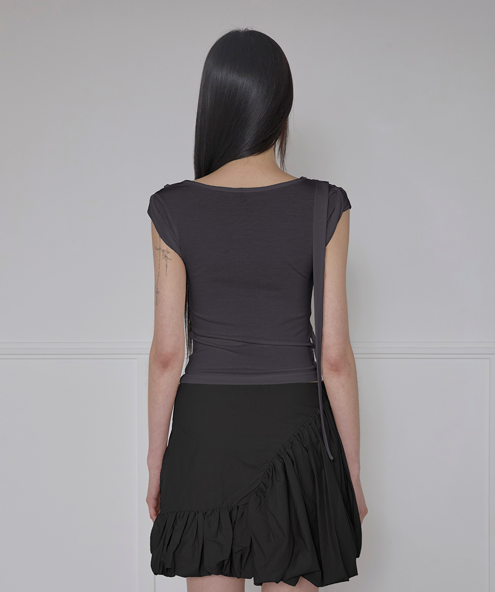 Asymmetrical Draped Strap Roll-Up T-Shirt (Charcoal)