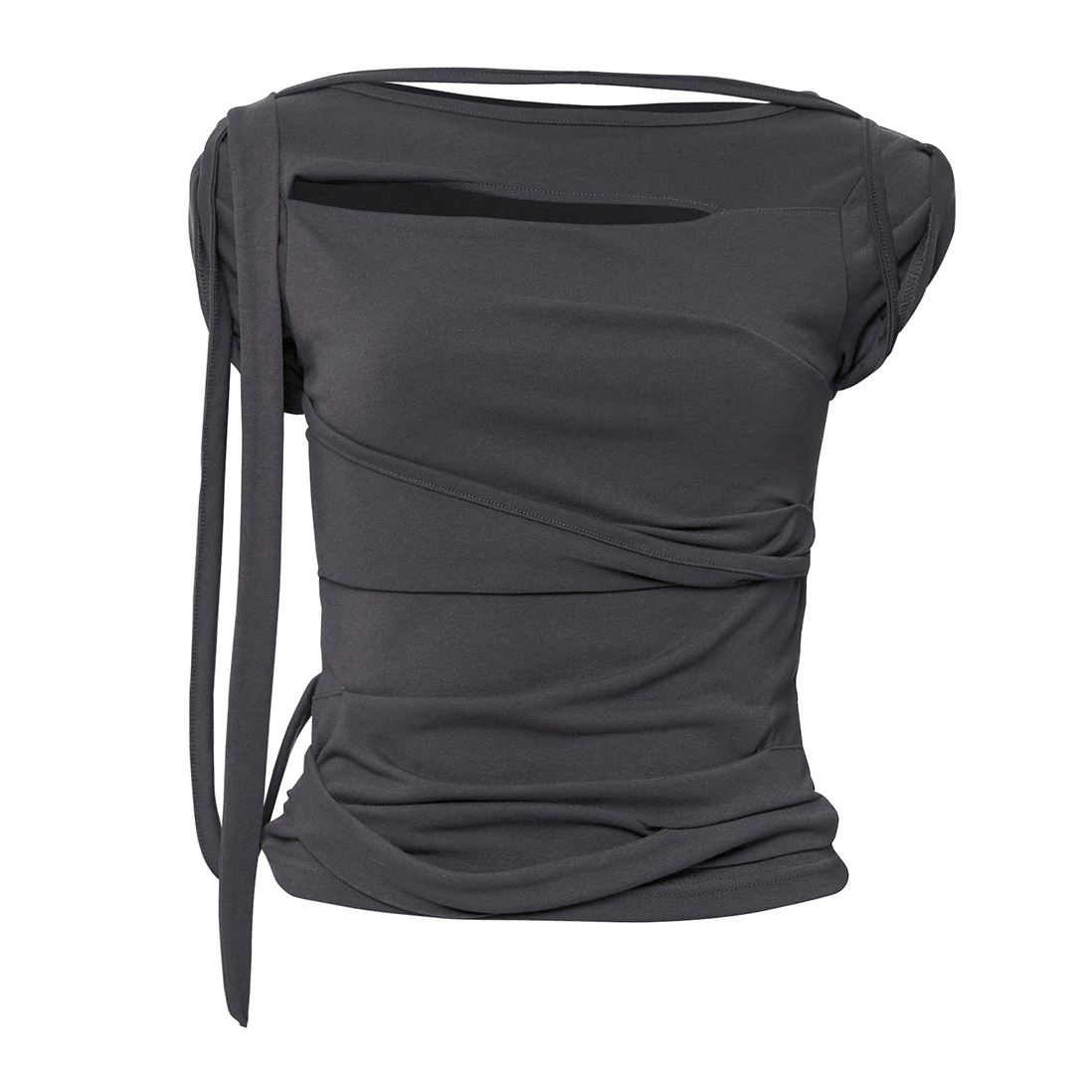 Asymmetrical Draped Strap Roll-Up T-Shirt (Charcoal)