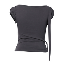 Asymmetrical Draped Strap Roll-Up T-Shirt (Charcoal)