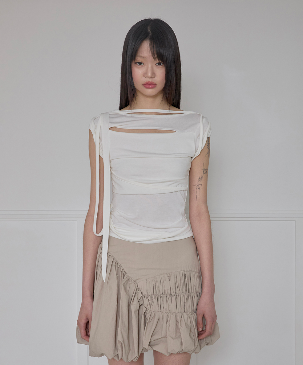 Asymmetrical Draped Strap Roll-Up T-Shirt (Cream)