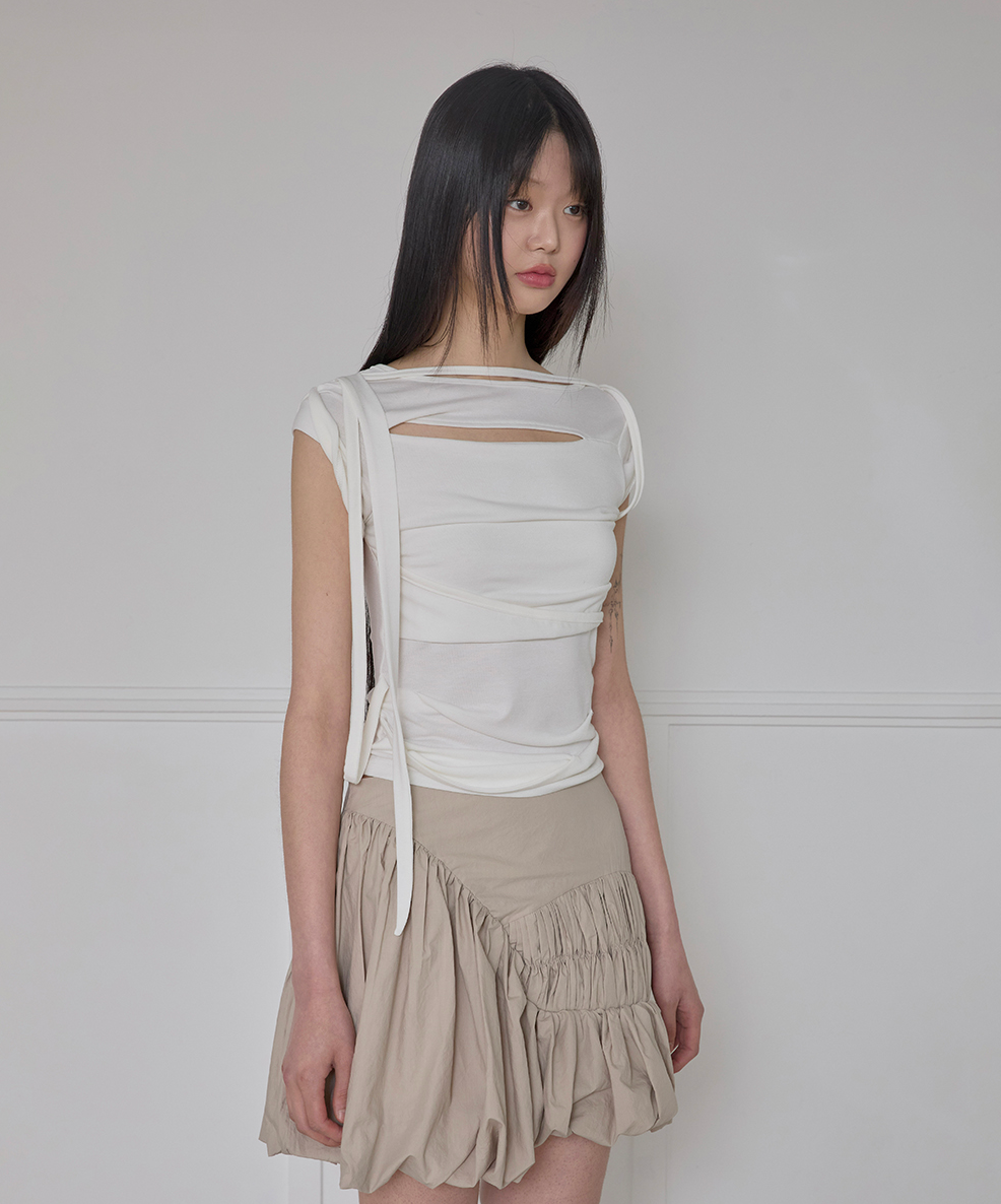 Asymmetrical Draped Strap Roll-Up T-Shirt (Cream)