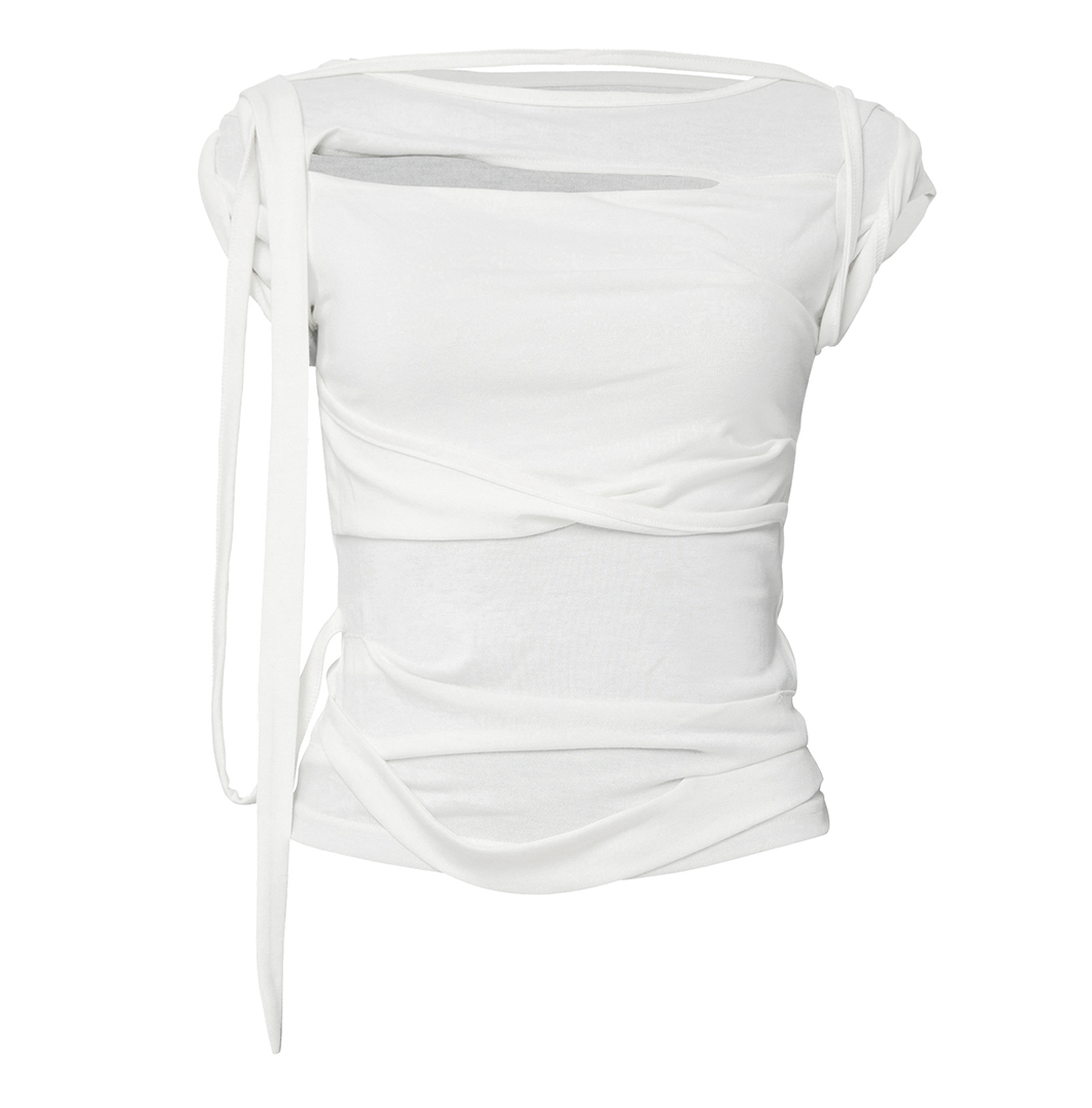 Asymmetrical Draped Strap Roll-Up T-Shirt (Cream)