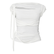 Asymmetrical Draped Strap Roll-Up T-Shirt (Cream)