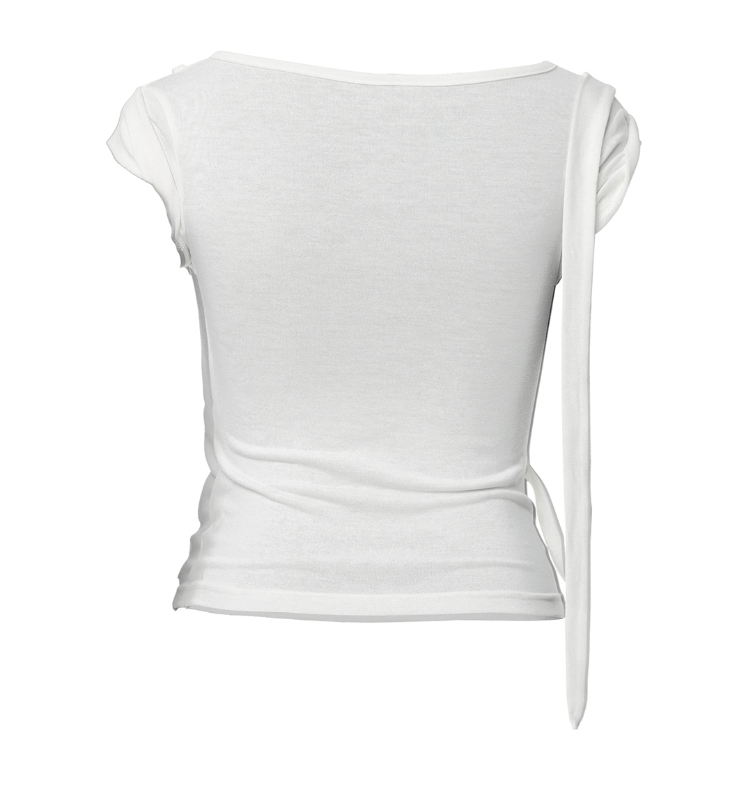 Asymmetrical Draped Strap Roll-Up T-Shirt (Cream)