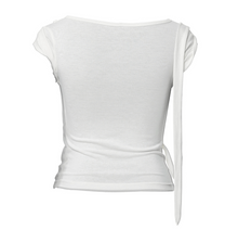 Asymmetrical Draped Strap Roll-Up T-Shirt (Cream)