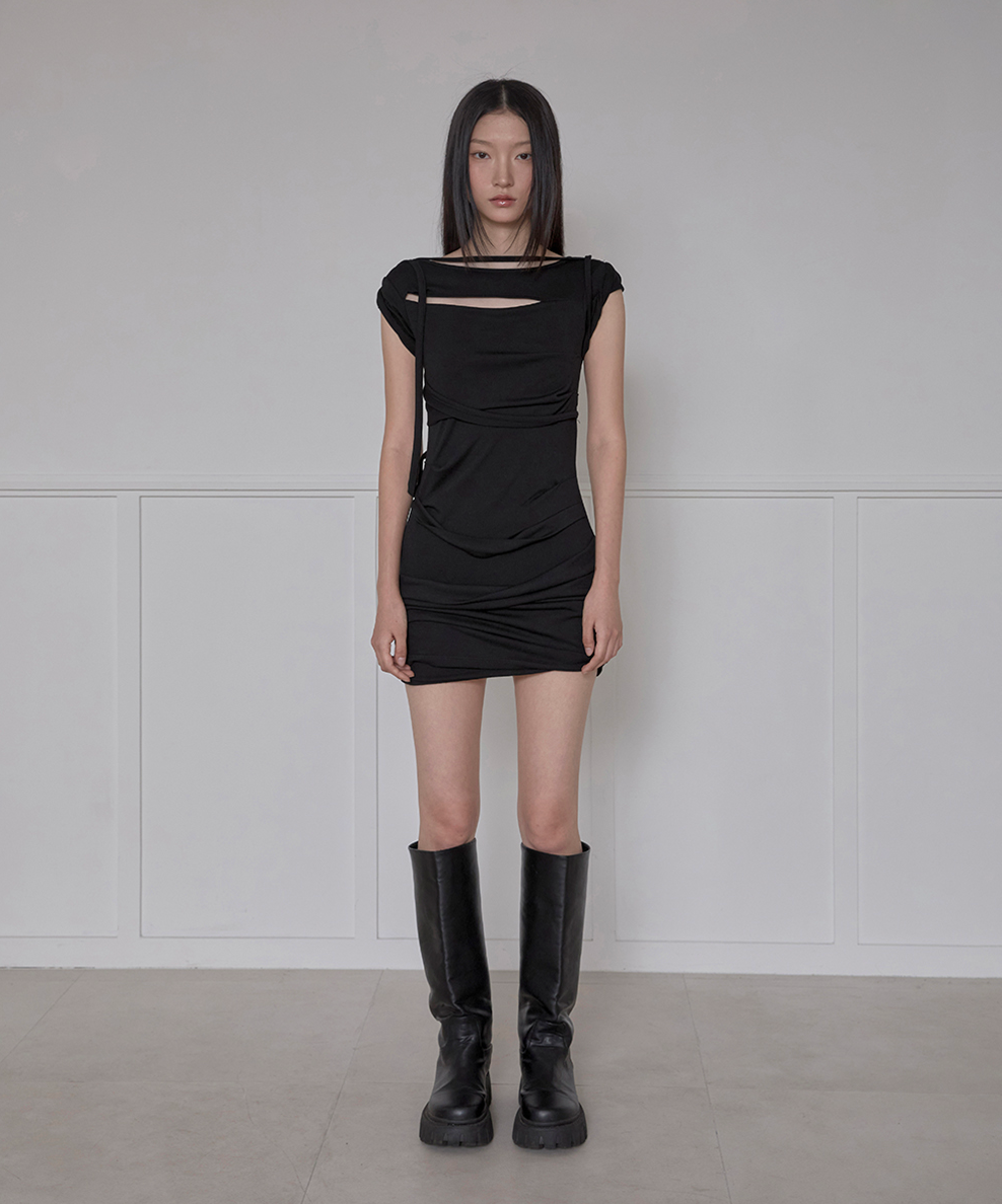 Asymmetrical Draped Strap Roll-Up Dress (Black)