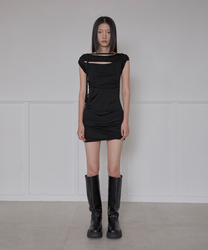 Asymmetrical Draped Strap Roll-Up Dress (Black)