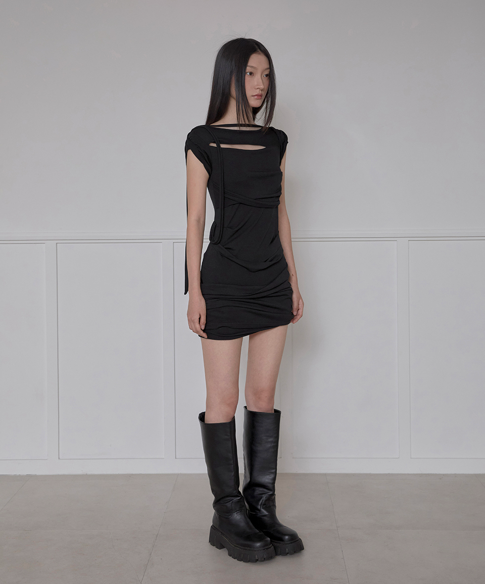 Asymmetrical Draped Strap Roll-Up Dress (Black)