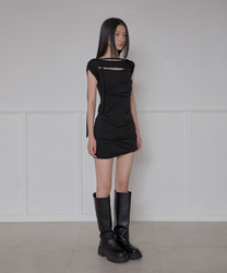 Asymmetrical Draped Strap Roll-Up Dress (Black)