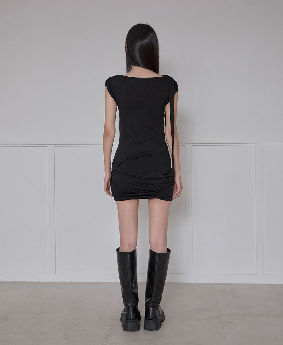 Asymmetrical Draped Strap Roll-Up Dress (Black)