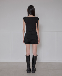 Asymmetrical Draped Strap Roll-Up Dress (Black)