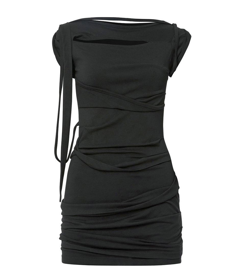 Asymmetrical Draped Strap Roll-Up Dress (Black)