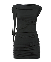 Asymmetrical Draped Strap Roll-Up Dress (Black)