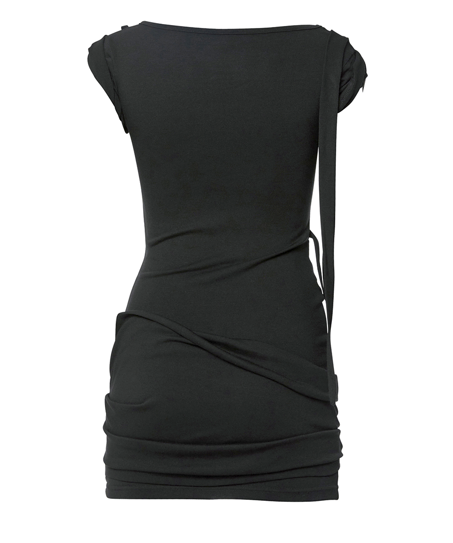 Asymmetrical Draped Strap Roll-Up Dress (Black)