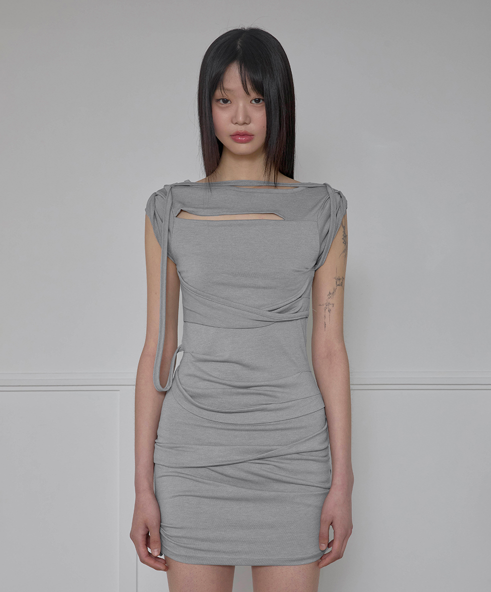 Asymmetrical Draped Strap Roll-Up Dress (Gray)
