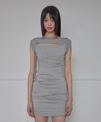 Asymmetrical Draped Strap Roll-Up Dress (Gray)