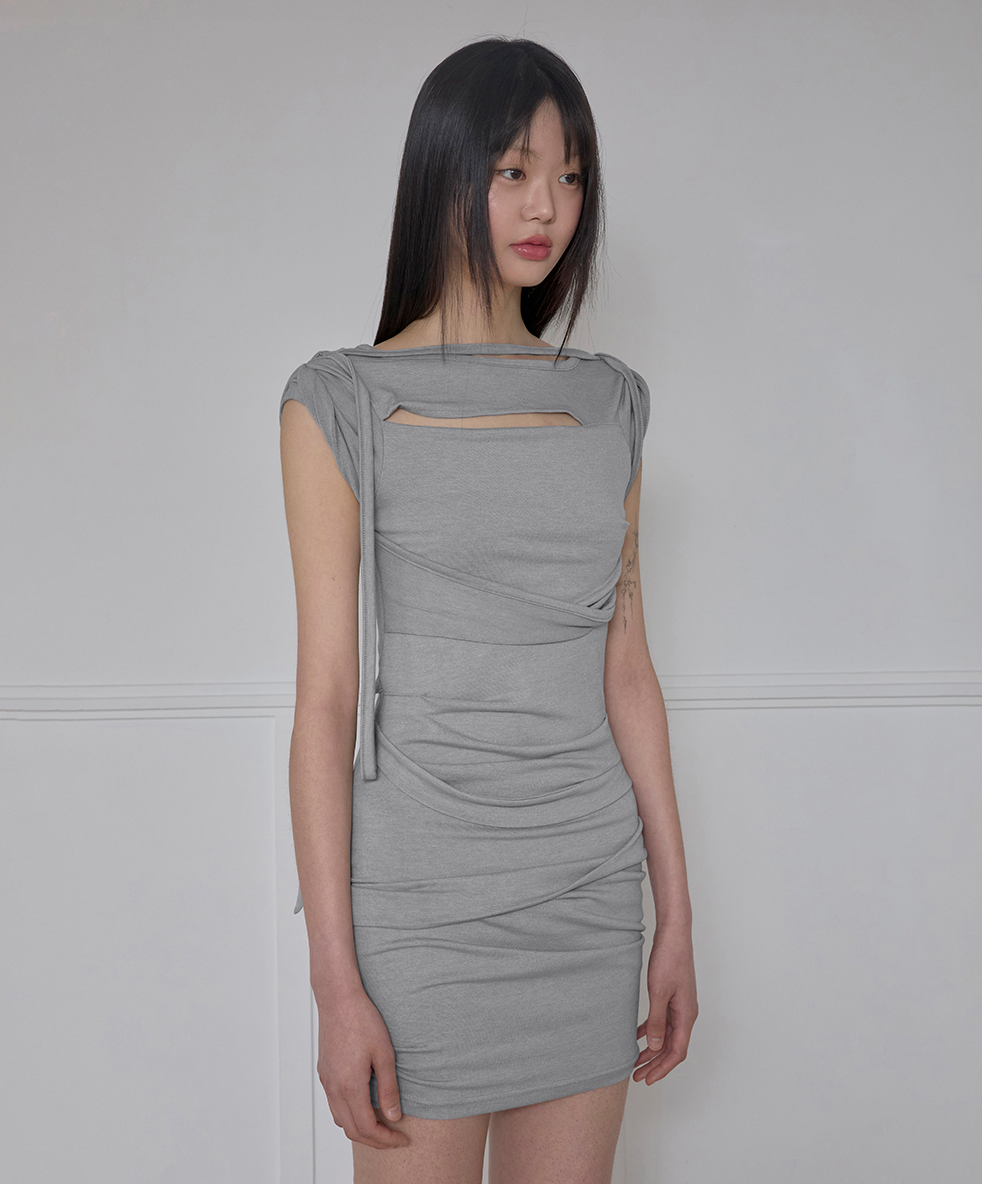 Asymmetrical Draped Strap Roll-Up Dress (Gray)