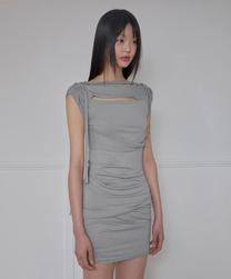Asymmetrical Draped Strap Roll-Up Dress (Gray)