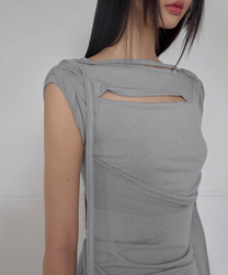 Asymmetrical Draped Strap Roll-Up Dress (Gray)