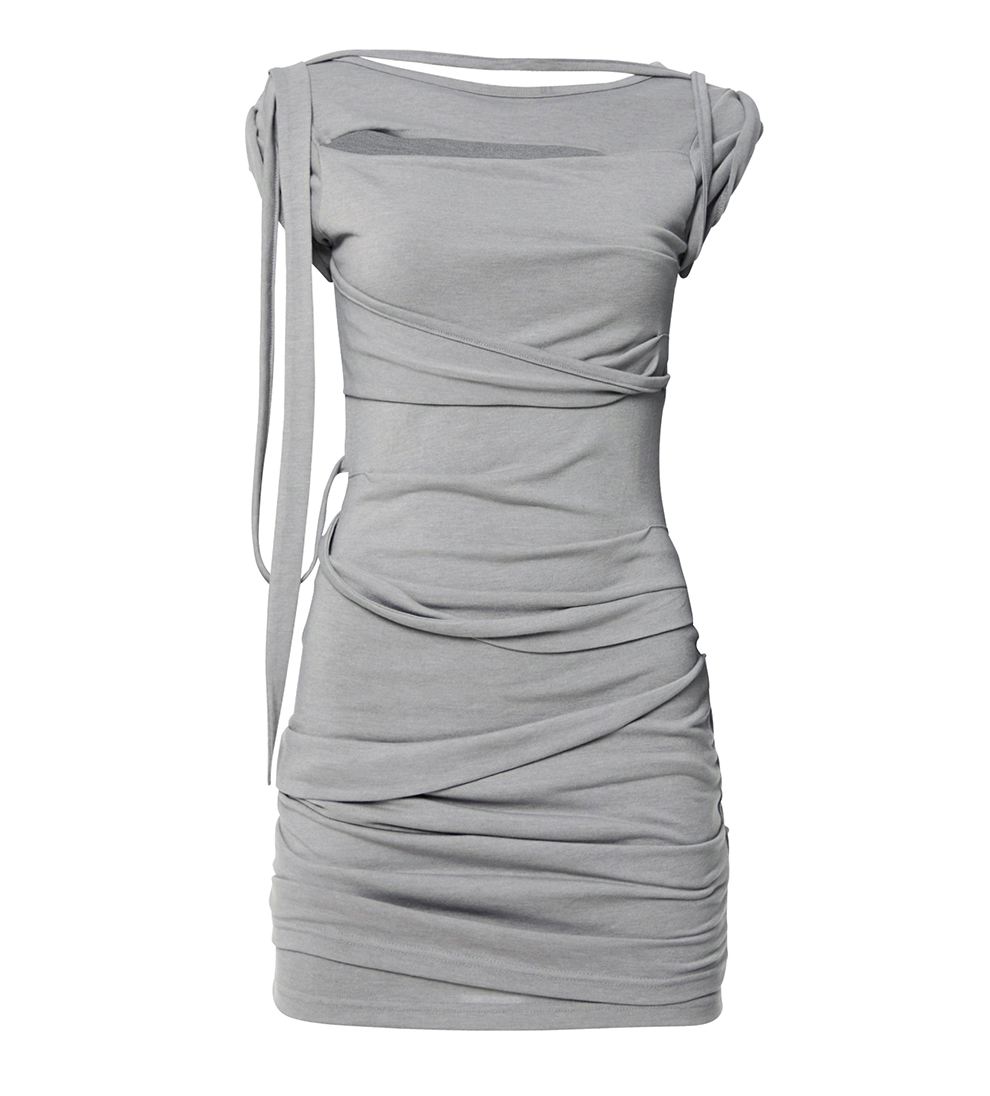 Asymmetrical Draped Strap Roll-Up Dress (Gray)