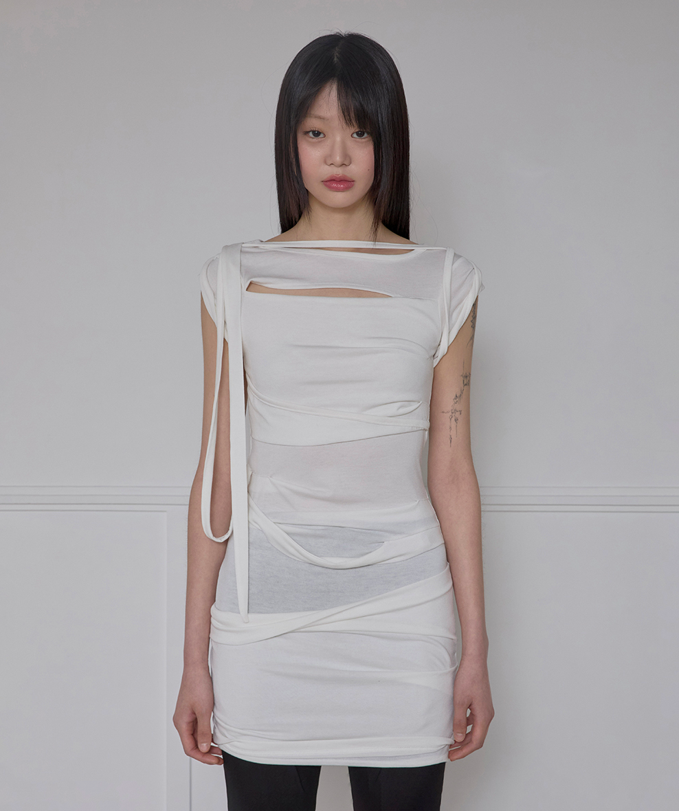 Asymmetrical Draped Strap Roll-Up Dress (Cream)