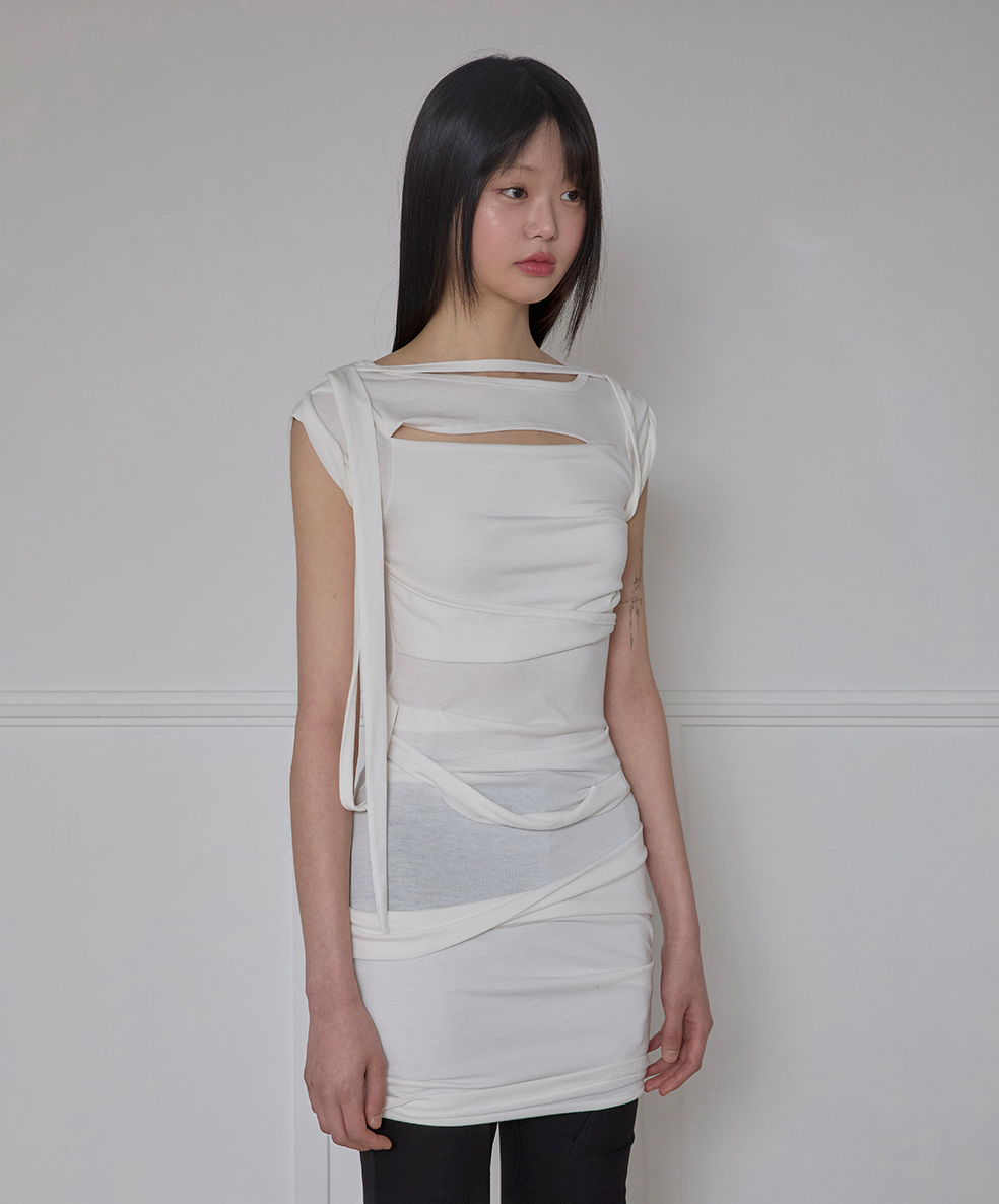 Asymmetrical Draped Strap Roll-Up Dress (Cream)