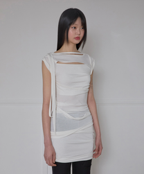 Asymmetrical Draped Strap Roll-Up Dress (Cream)