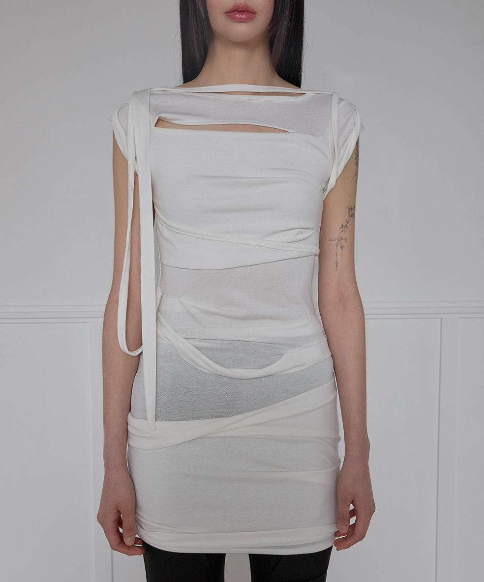 Asymmetrical Draped Strap Roll-Up Dress (Cream)