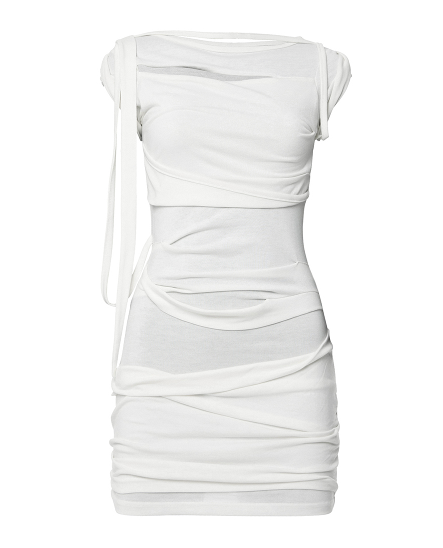 Asymmetrical Draped Strap Roll-Up Dress (Cream)