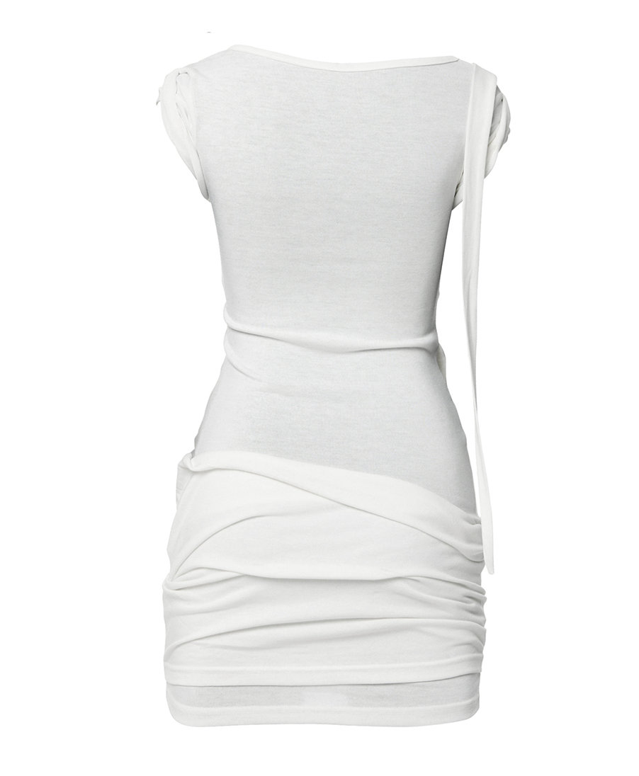 Asymmetrical Draped Strap Roll-Up Dress (Cream)