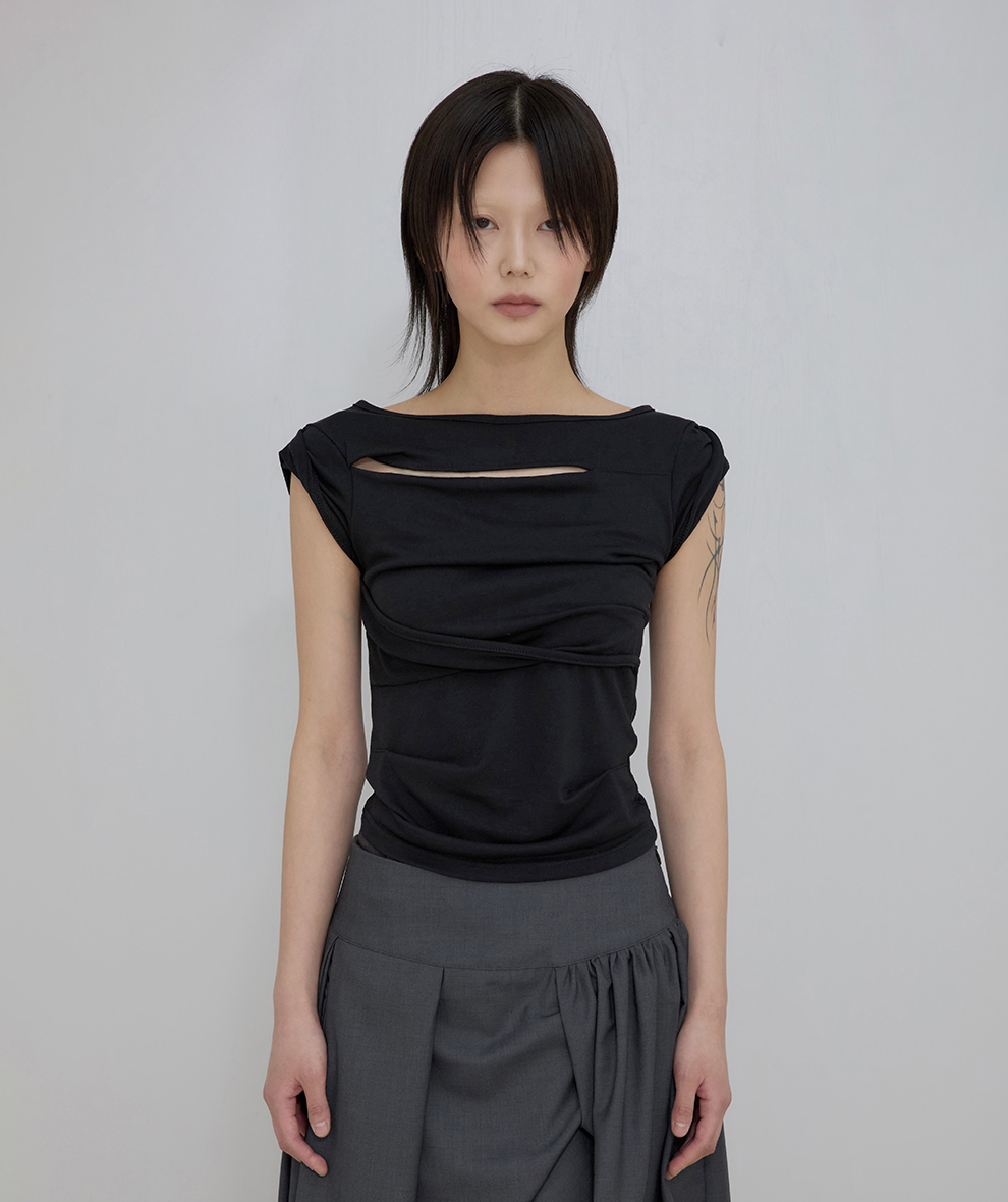 Asymmetrical Draped Roll-Up T-Shirt (Black)