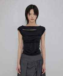 Asymmetrical Draped Roll-Up T-Shirt (Black)