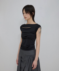 Asymmetrical Draped Roll-Up T-Shirt (Black)