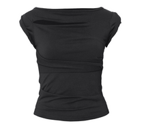 Asymmetrical Draped Roll-Up T-Shirt (Black)