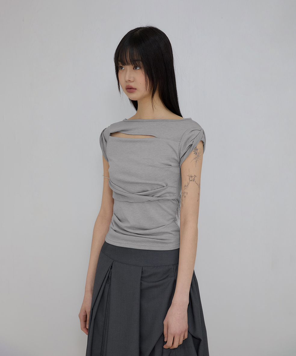 Asymmetrical Draped Roll-Up T-Shirt (Gray)