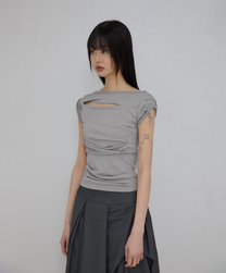 Asymmetrical Draped Roll-Up T-Shirt (Gray)