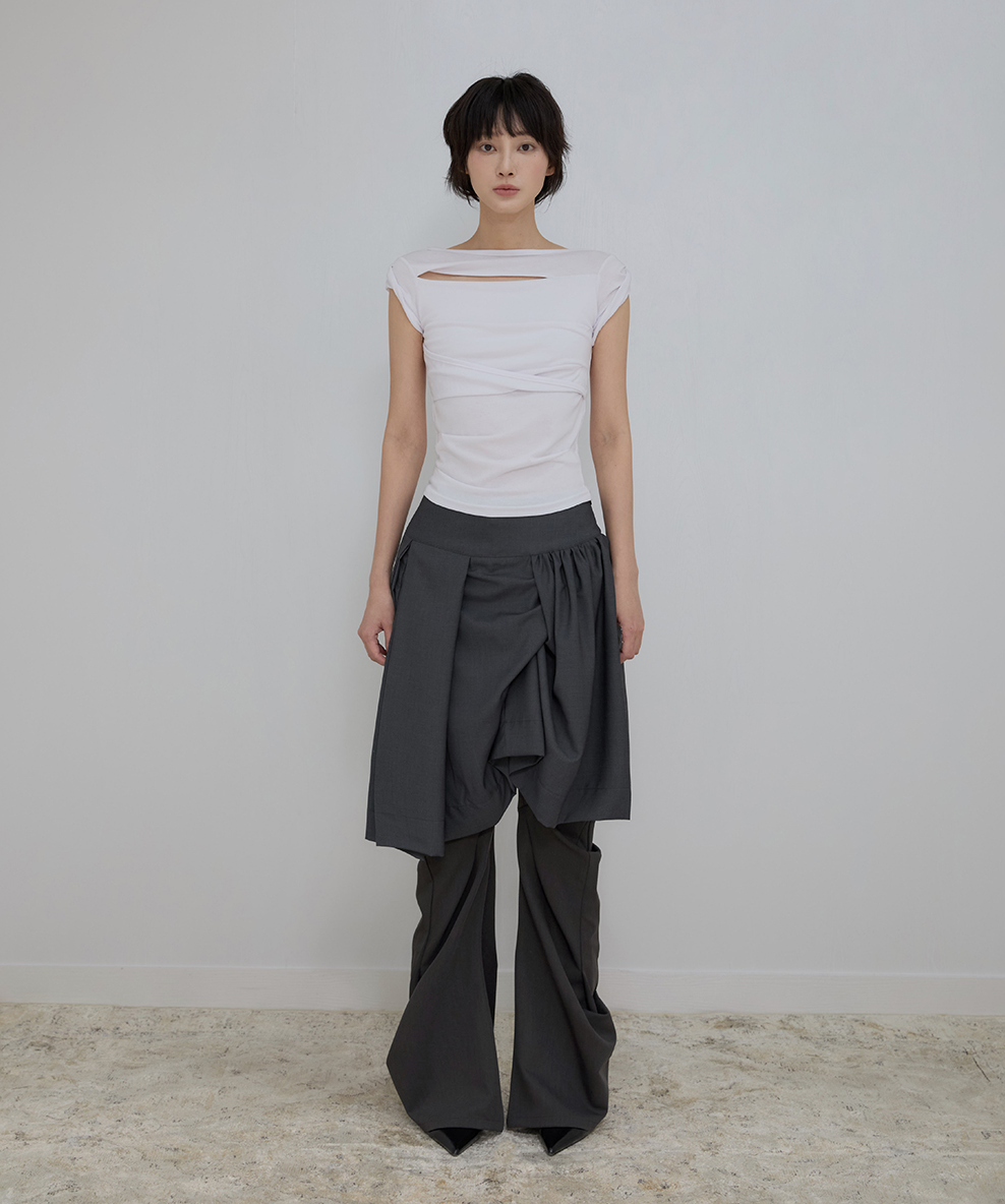 Asymmetrical Draped Roll-Up T-Shirt (White)