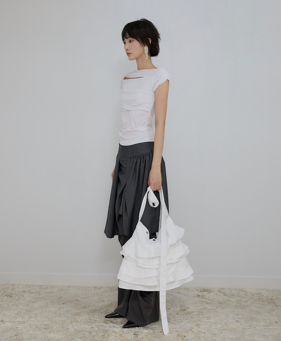 Asymmetrical Draped Roll-Up T-Shirt (White)