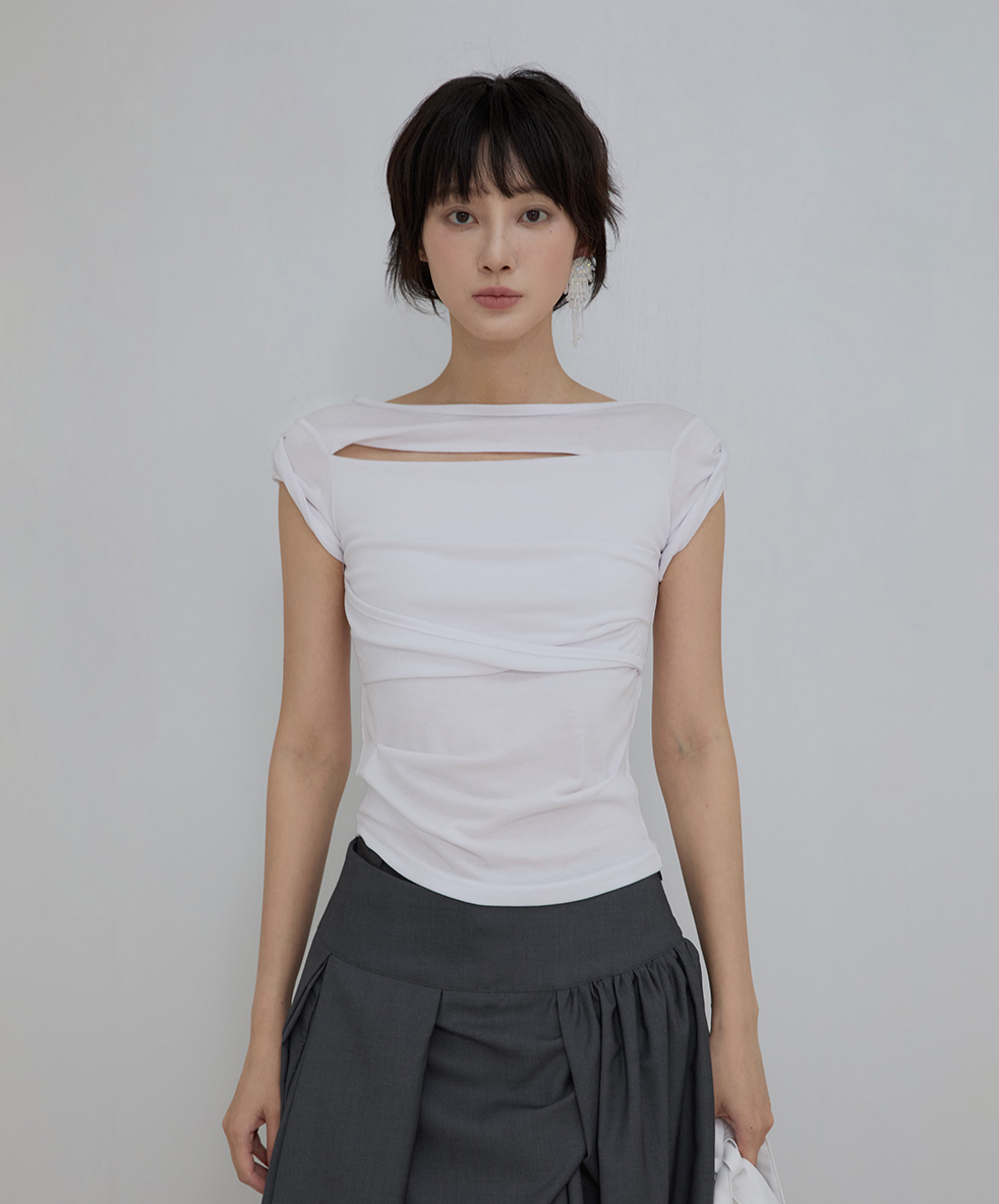 Asymmetrical Draped Roll-Up T-Shirt (White)