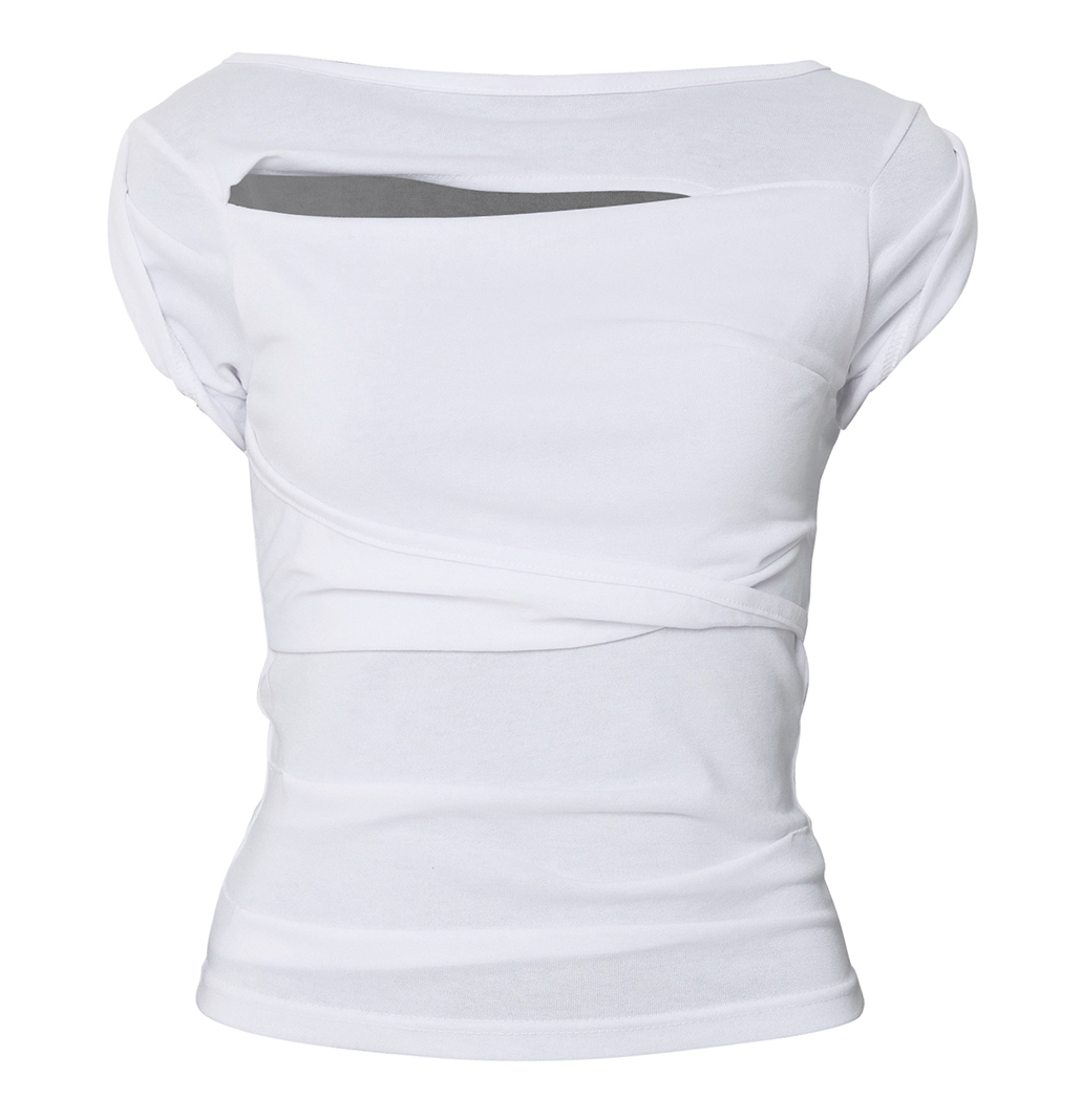 Asymmetrical Draped Roll-Up T-Shirt (White)