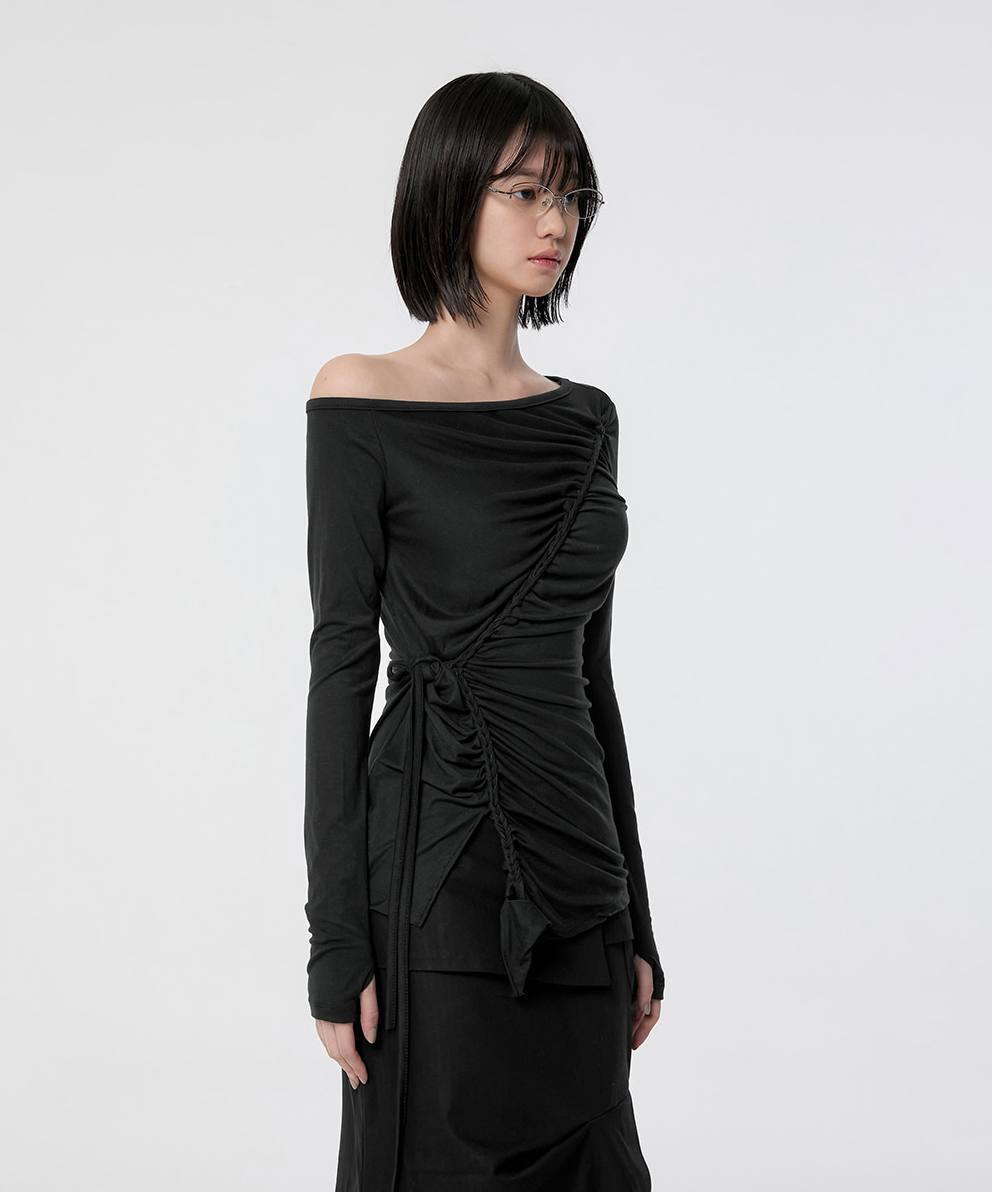 Handmade Twisted One-Shoulder Long Sleeve (Black)