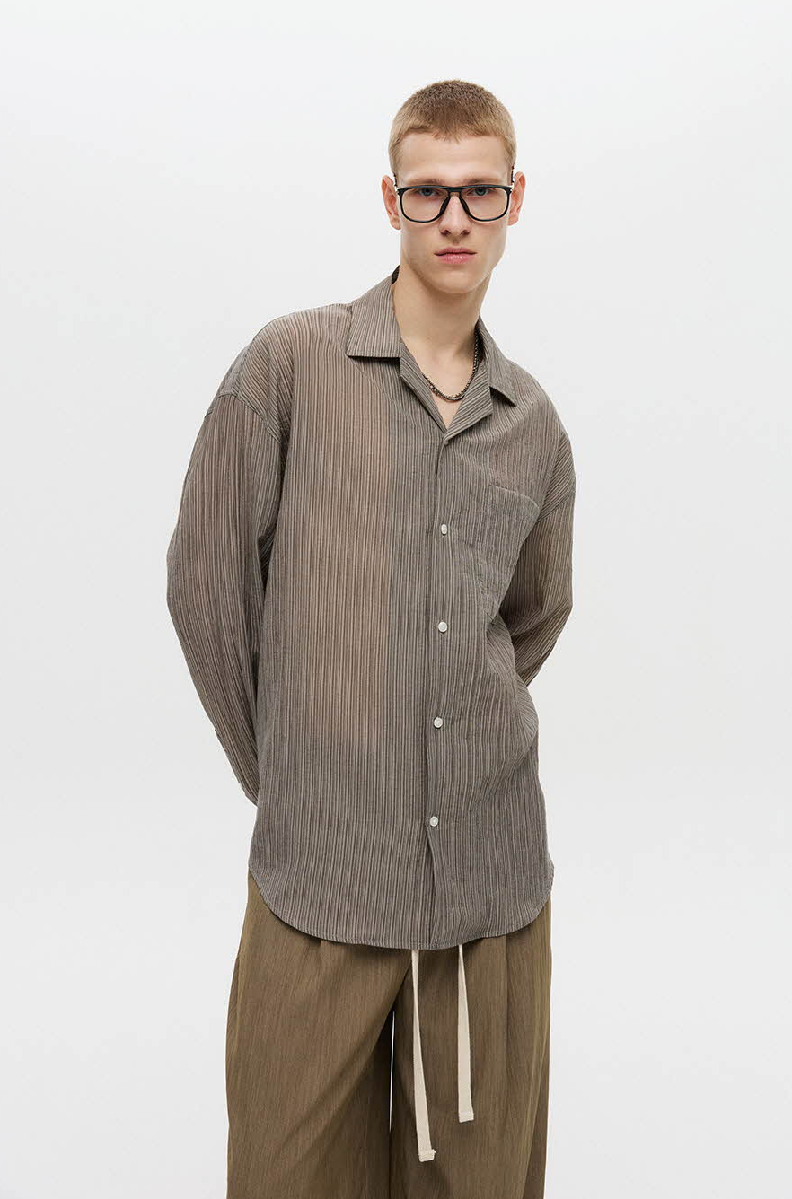 Striped open collar shirt (Beige)