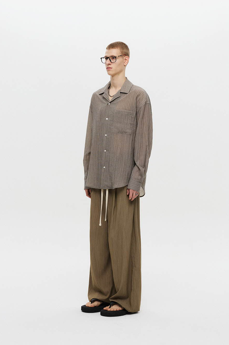 Striped open collar shirt (Beige)