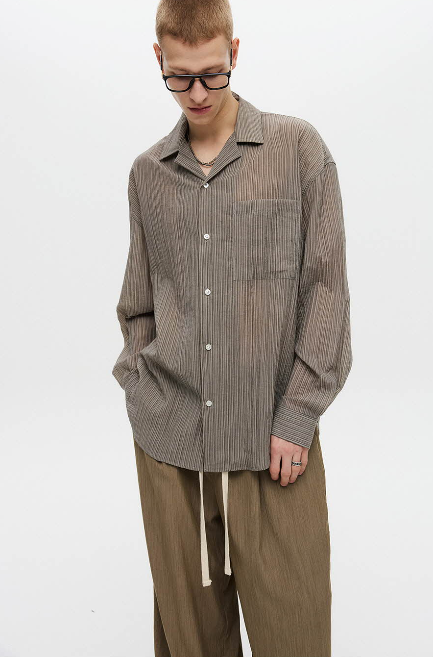 Striped open collar shirt (Blue)