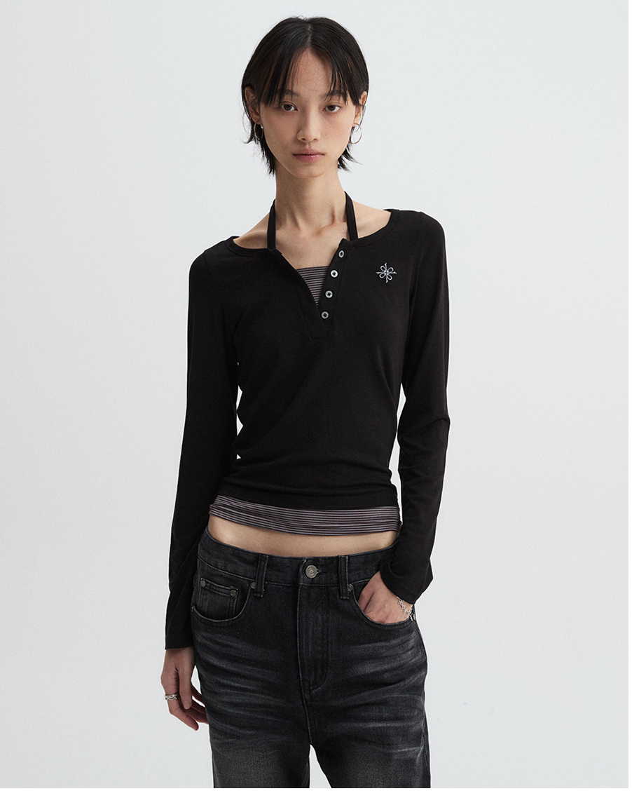 Layered Henley Neck Long Sleeve Black (FEMALE)