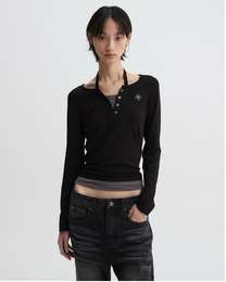 Layered Henley Neck Long Sleeve Black (FEMALE)