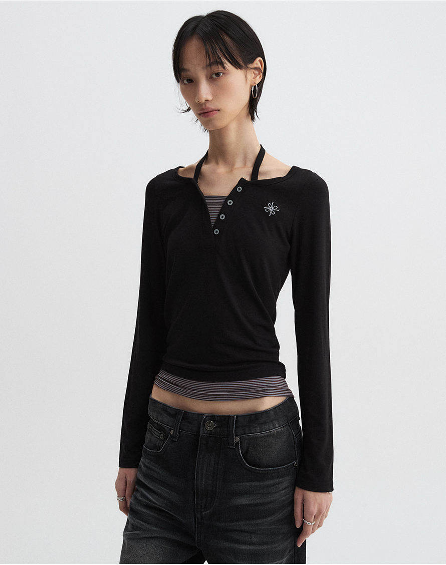 Layered Henley Neck Long Sleeve Black (FEMALE)